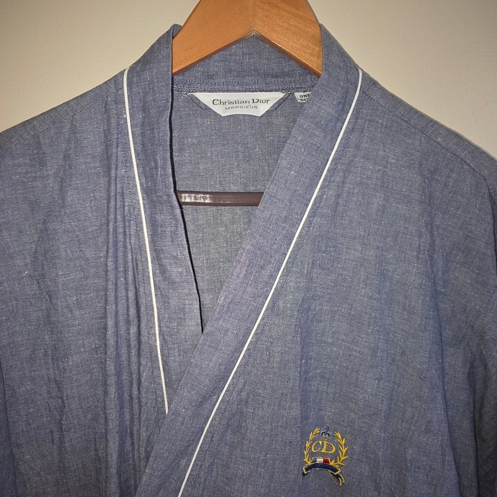 Christian Dior Monsieur Vtg Blue Cotton Chambray Robe OS Logo Crest No Belt